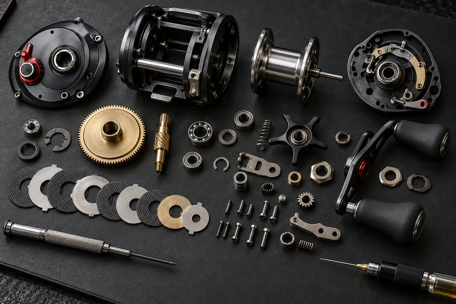 Illustrative overhead study of a disassembled round reel, brass gears, bearings, drag washers, and precision tools.