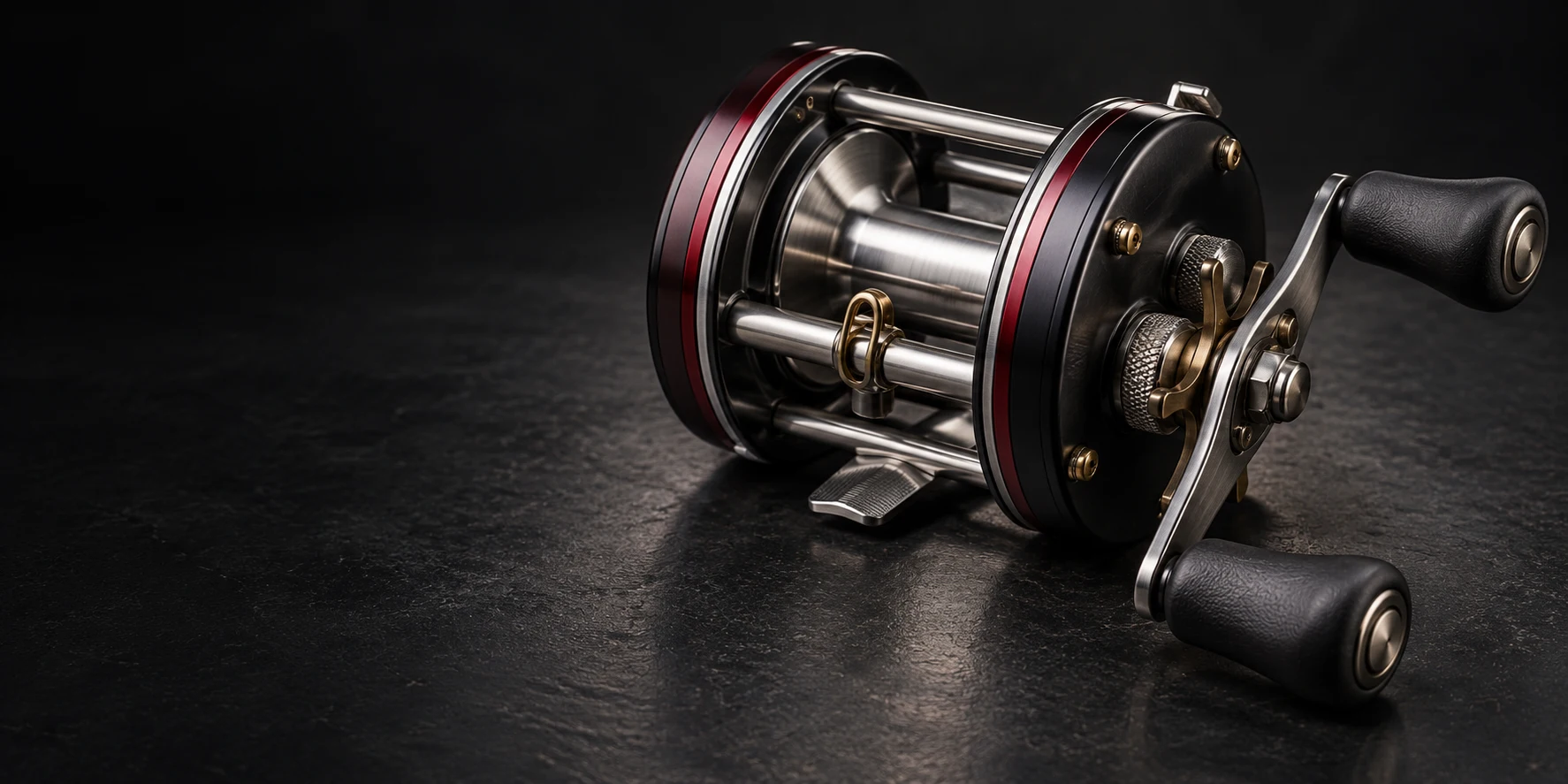 Illustration of a graphite and brushed steel round fishing reel with deep red accents on a workshop bench.